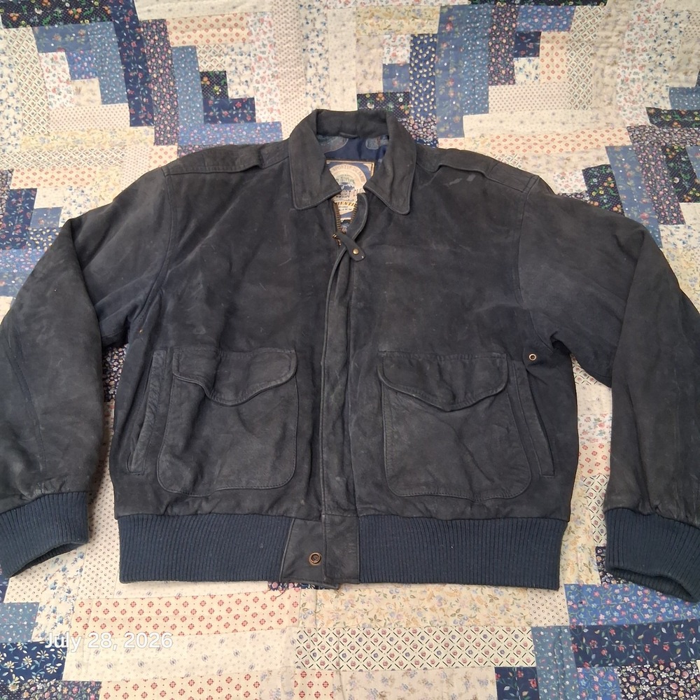 Vintage Paris Sport Club Mens Medium Blue Nubuck Leather Bomber Jacket Utility